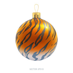 Christmas ball with a tiger skin texture. Decoration for Year of the Tiger in Chinese Zodiac. Golden orange bauble with a wild curved black stripes. Realistic 3D vector illustration.