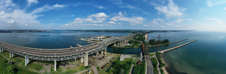 Aerial panorama of the Burlington Skyway with traffic