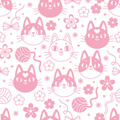 Seamless vector pattern with cute cats faces, sakura flowers and cat toys. Pink and white pattern with cats faces icons isolated on white. Japanese vibe. Kids pattern for clothes, wrapping, etc.