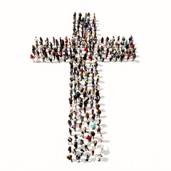 Concept or conceptual large community  of people forming the image of a religious christian cross. A 3d illustration metaphor for God, Christ, religion, spirituality, prayer, Jesus or belief