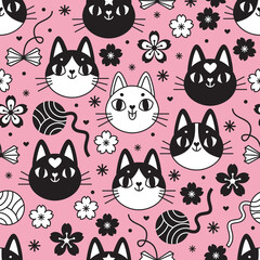 Seamless vector pattern with cute cats faces, sakura flowers and balls of thread. Black and white pattern and pink background. Japanese vibe. Pattern for cats goods, clothes, wrapping, etc.
