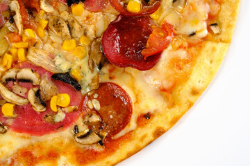 Mixed pizza on a white background.