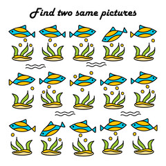 Find two identical pictures. . Underwater world, fish and algae. A puzzle game for children. Logical worksheet for school kids. Vector illustration.