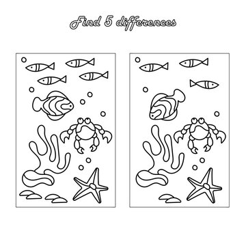 Find 5 different puzzles and coloring pages. , Underwater world, fish and algae, black and white illustration . For children