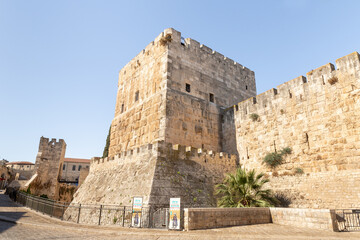 The outer wall of the Tower of David - ancient citadel and city history museum near the Jaffa Gate...