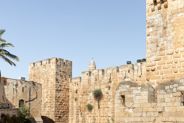 Naklejka premium The outer wall of the Tower of David - ancient citadel and city history museum near the Jaffa Gate in the old city of Jerusalem, Israel