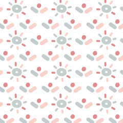Cute childish pattern with colored elements in pastel colors on a white background. Flat vector illustration.
