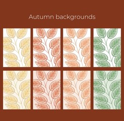 Set of vector backgrounds with colorful leaves. Summer, autumn, spring. Illustration with falling leaves. Design for print, fabric, paper.