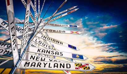 Signpost with different states in the USA, sky in background - 3D illustration
