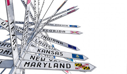 Obraz premium Signpost with different states in the USA, white background - 3D illustration