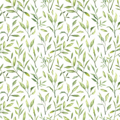 Seamless floral pattern with watercolor green leaves. Fabric and wallpapers design. Fresh vibrant green leaves isolated on white background. Floral template