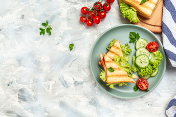 Hot sandwich with ham, cheese and tomatoes served with fresh salad. Long banner format, top view