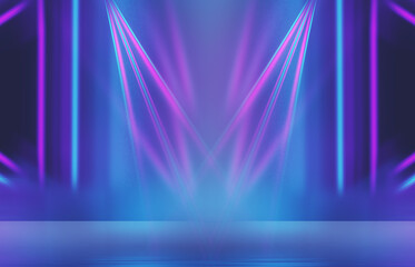 Neon abstract light rays on a dark background. Light effect, laser show, surface reflection. Ultraviolet radiation, nightclub. 3d illustration