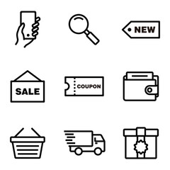 Shopping icons in line style. Сollection icons for online store such as mobile phone, search engine, new product, sale, coupon, payment, cart or basket, delivery, packaging. Simple icon vector design.