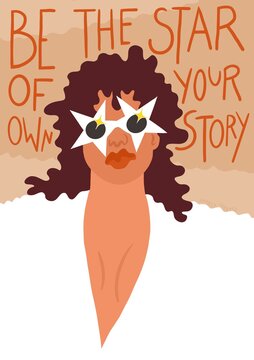 Be the star of your own story. Woman with star-shaped glasses. 