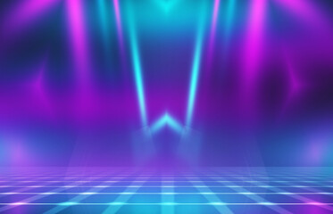 Fototapeta na wymiar Neon abstract light rays on a dark background. Light effect, laser show, surface reflection. Ultraviolet radiation, nightclub. 3d illustration