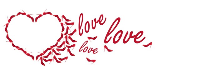 Love shoes. Advertising banner made of red shoes. Heart of the shoe. A heart made of red shoes and the word love are isolated on a white background.