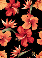 Modèle sans couture de modèle de fond de fleurs d& 39 hibiscus. Ensemble vectoriel d& 39 éléments floraux pour l& 39 impression tropicale, les invitations de mariage, la carte de voeux, la brochure, les bannières et le design de mode.