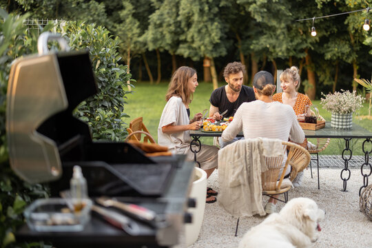 Small group of a young friends have a lunch outdoors, eating grilled vegetables and fish and having fun at backyard with grill