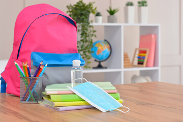 Backpack with school supplies and sanitizer and medical protective mask.Back to school and kindergarten after coronavirus. the beginning of the school season.Safe learning.