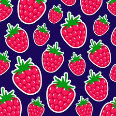 Stylized raspberries on a blue background of different sizes. Juicy berries. Summer vector patter. Flat illustration.