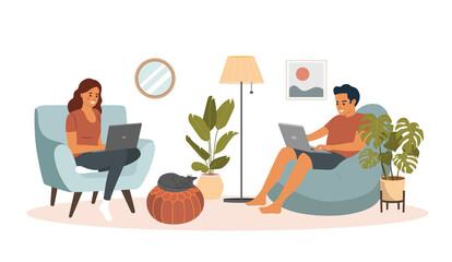 Fototapeta na wymiar Man and woman sitting on the sofa and chair with laptops. Сat is standing next to the sofa. Vector flat illustration