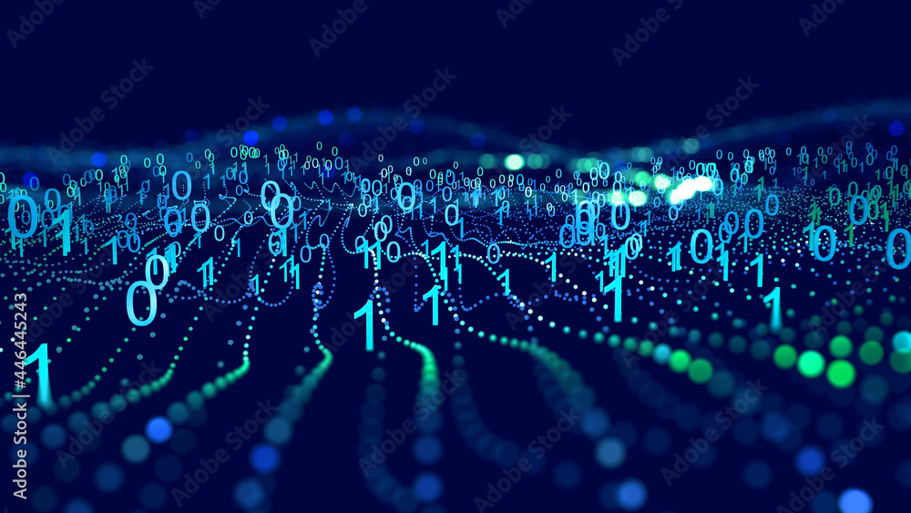 Poster Information field, binary code, data encoding, data flow, digital security. Internet technology 3d illustration