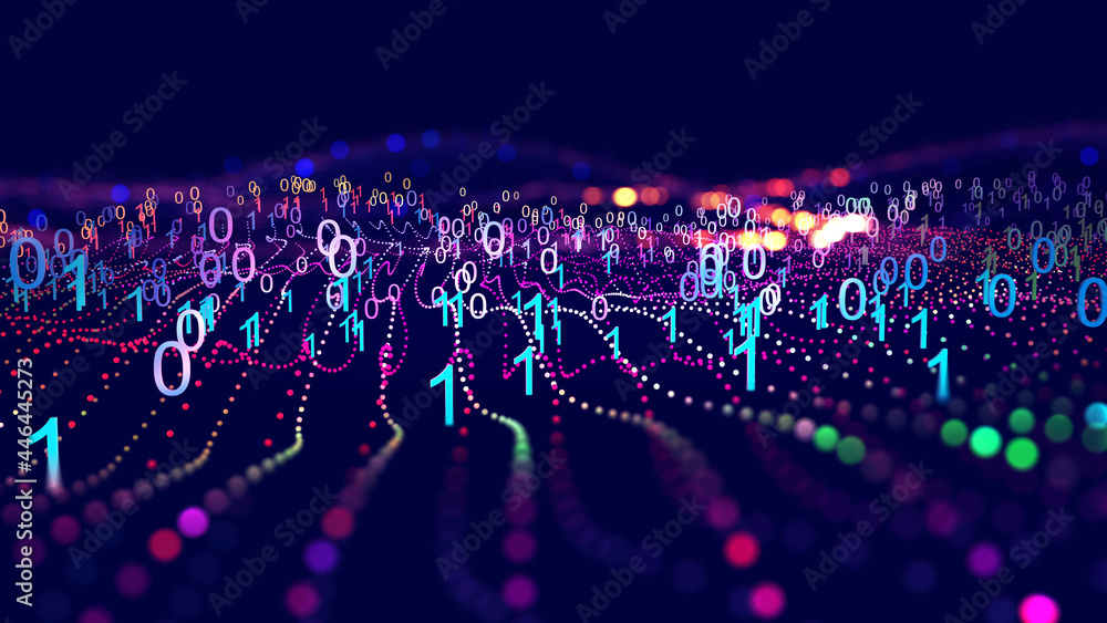 Poster Information field, binary code, data encoding, data flow, digital security. Internet technology 3d illustration