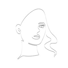 Woman with curl of hair one line drawing. Silhouette of lady. Linear Art. Black and white vector illustration. Stylized one line art female head skin care logo or beauty icon