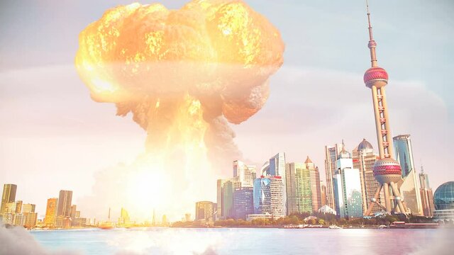 Atomic bomb nuclear nuke explosion over Shanghai China 4K	

