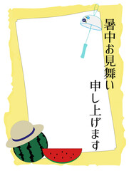 スイカと風鈴の暑中見舞い縦