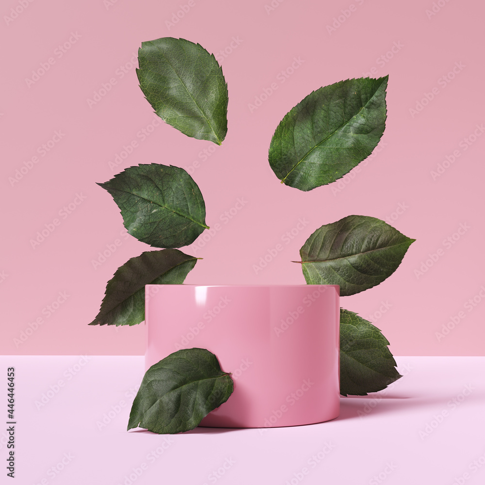 Poster natural cosmetic product presentation mockup with pink podium and leaves of rose. 3d rendering objec