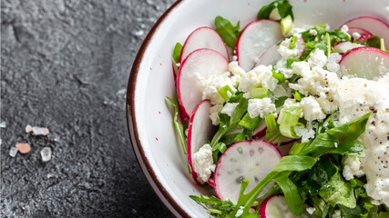 Rustic salad with radish, arugula, cottage cheese, and sour cream. Healthy vegetarian food. Long banner format, top view
