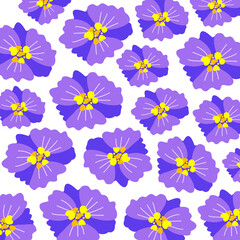 Violets are stylized. Lilac repeating flowers. Seamless flat pattern on a white background.
