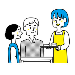 高齢者に食事を準備する女性のイラスト