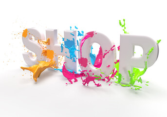 Paint shop text in splash of colorful painting on a white background.