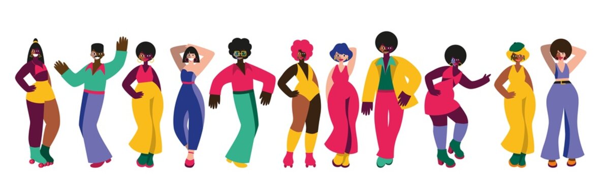 Vector set of dancing people. Disco and fashion of 70s