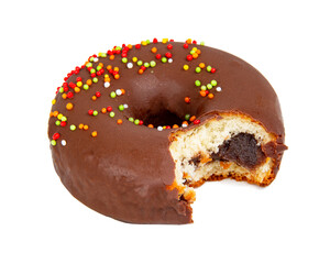 Chocolate glazed donut eaten isolated on the white background