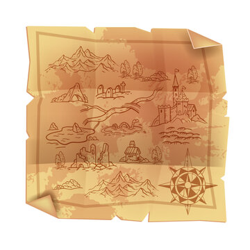 Old vintage parchment map, antique papyrus cartography treasure illustration, fantasy game paper. Medieval geography kingdom art, castle, wind rose, mountains, ruin. Pirate old dirty map on white