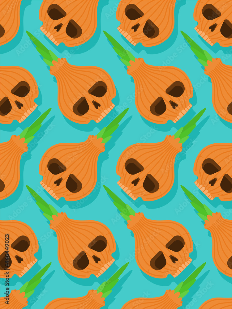 Poster skull onion pattern seamless. bulb onions skeleton background. vector texture