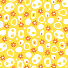 Yellow floral pattern. Orange flowers and white ovals. Simple geometric shapes. Flat vector illustration.