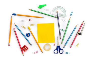 Back to School. School supplies ( yellow sheet, pencil, scissors, sharpener, clips, crayons ) on a...