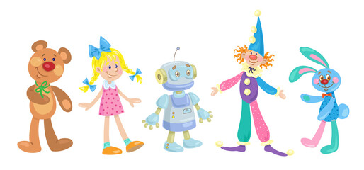 Kids toys. A funny clown, beautiful doll, teddy bear, cute rabbit and sad robot. In cartoon style. Isolated on white background. Vector illustration