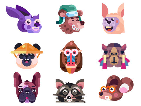 Funny Animal Heads and Faces Icons in Flat