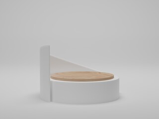 3d render. Abstract geometric background, cylinder podium, modern minimalist mockup. Wood podium on white background.