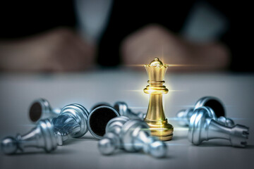 business woman in a suit plays chess. Close-up of a female hand on a pawn chess board game competition business concept, Selective focus on chess pieces, Chess business concept, leader & success.