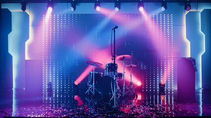Empty Concert Stage in a Night Club. Professional Drum Kit and Other Music Equipment for Live Gig...