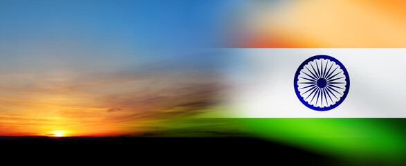The wavy Indian flag on bright sky at sunset or sunrise background