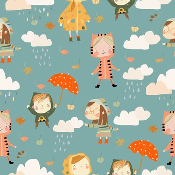 Seamless Pattern with Kids wearing Colorful Raincoats and Boots
