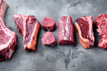 Fresh raw Prime Black Angus beef marbled and dry aged steaks, tomahawk, t bone, club steak, rib eye and tenderloin cuts, on gray stone background, with copy space for text